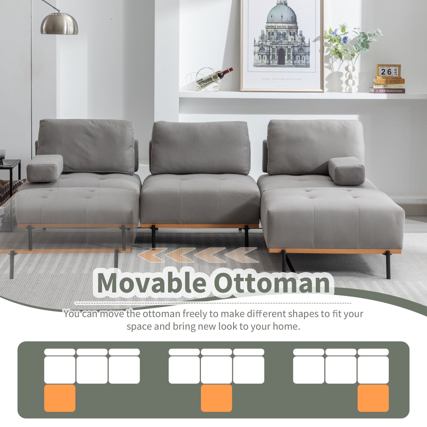 100.7'' Fabric L-Shaped Sofa with Movable Ottoman and Metal Legs
