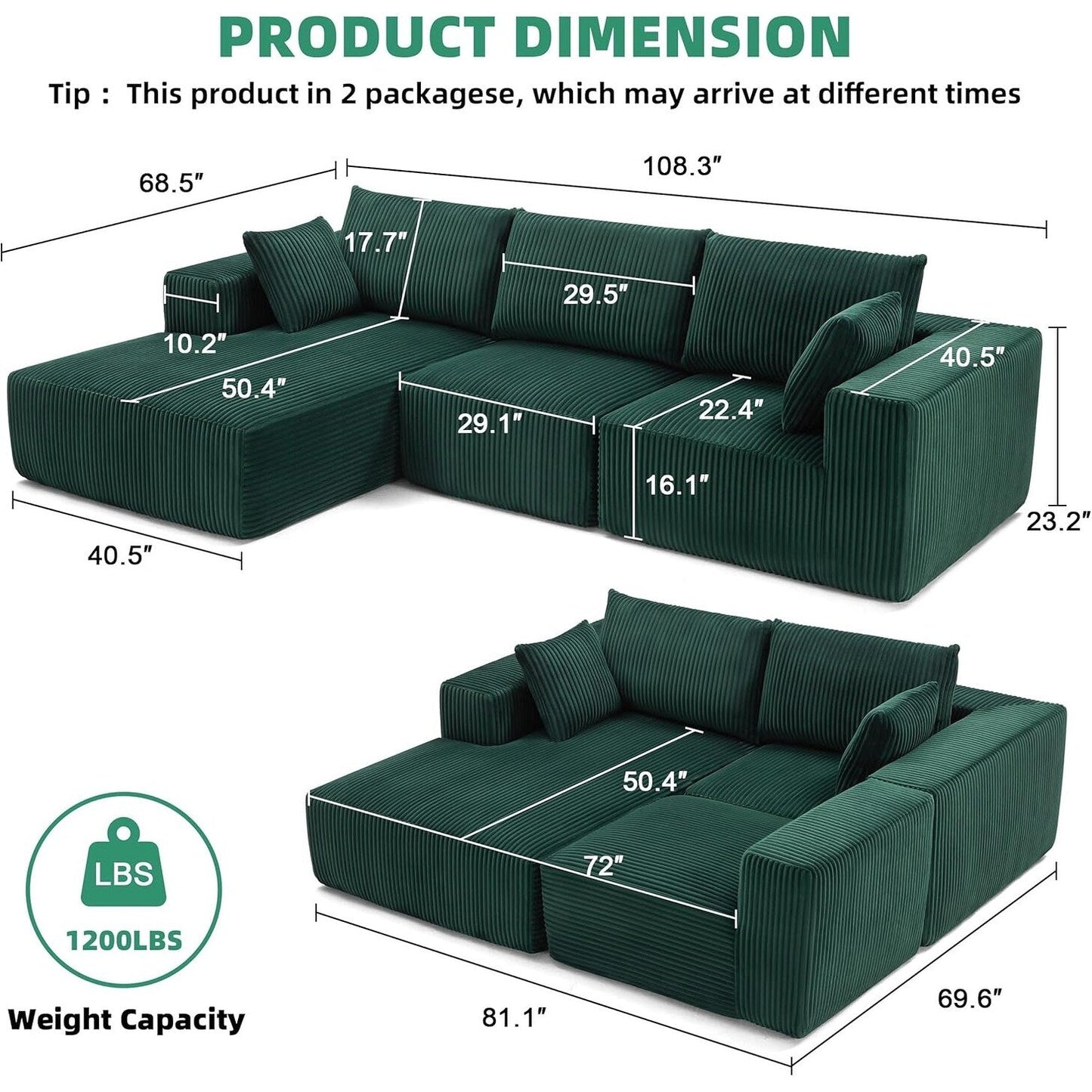 108 Modular Cloud Sectional Sofa - Deep Seat L-Shape Couch with Chaise, Upholstered Living Room & Bedroom Sofa