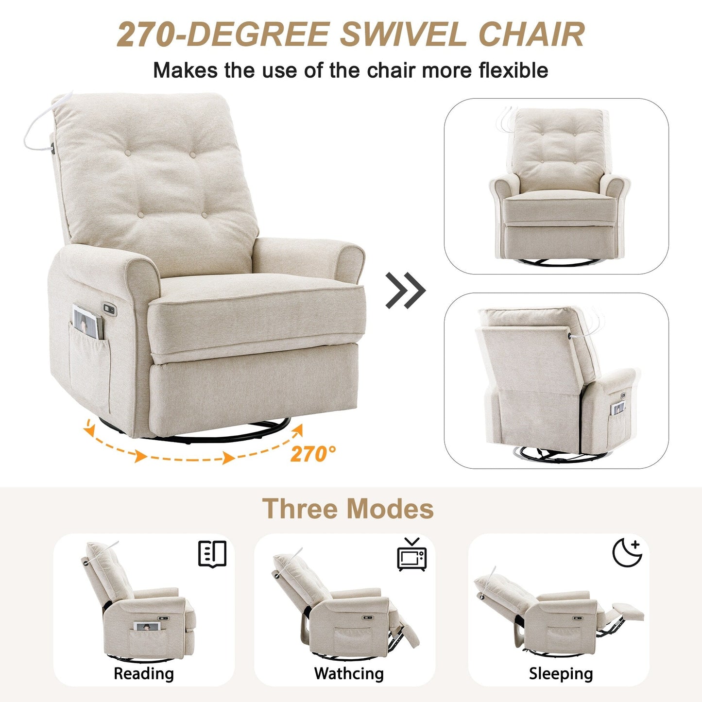 270° Swivel Recliner with USB Ports, Touch Lamp, Side Pocket Storage, and Rocking Base