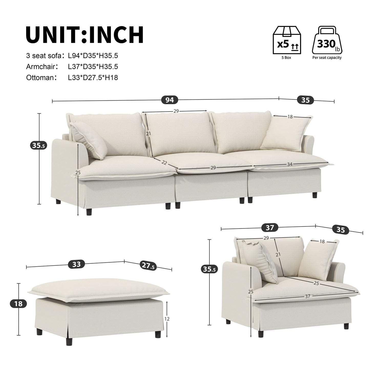 3 Piece Living Room Sofa Set,Modular L Shaped Chenille Sectional Couch,Upholstered 3 Seater Sofa & Armchair & Movable Ottoman
