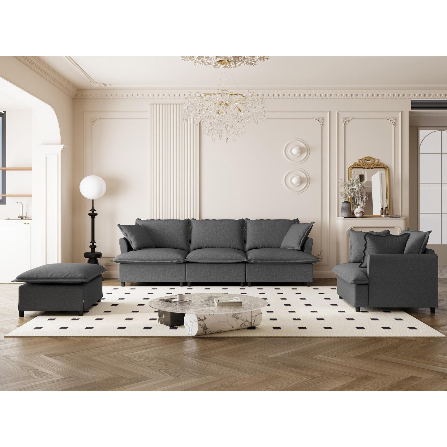 3 Piece Living Room Sofa Set,Modular L Shaped Chenille Sectional Couch,Upholstered 3 Seater Sofa & Armchair & Movable Ottoman