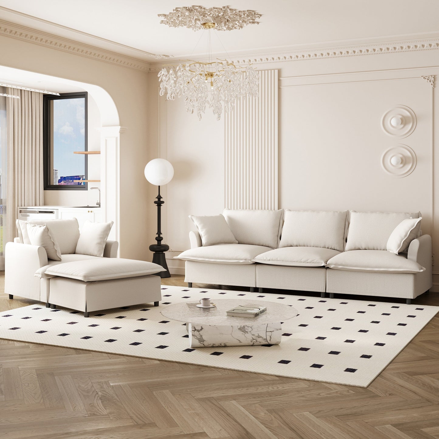 3 Piece Living Room Sofa Set,Modular L Shaped Chenille Sectional Couch,Upholstered 3 Seater Sofa & Armchair & Movable Ottoman