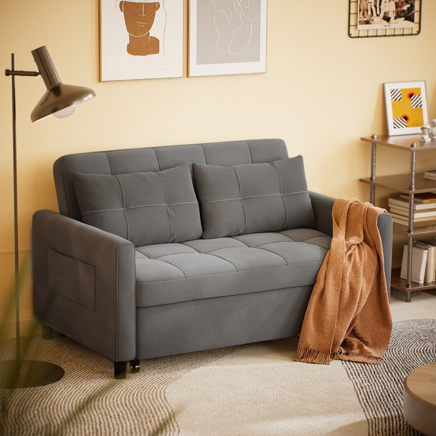 3-in-1 Convertible Sofa Bed Lounger Chaise Loveseat with Pull-up Bed, Velvet / cloth