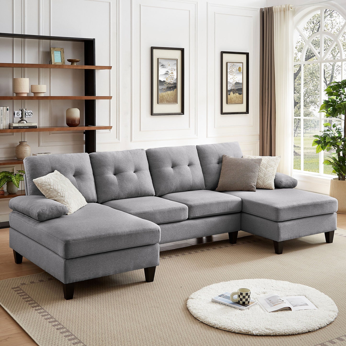 4 Seat U Shaped Sectional Sofa Couch with Double Chaise for Living Room