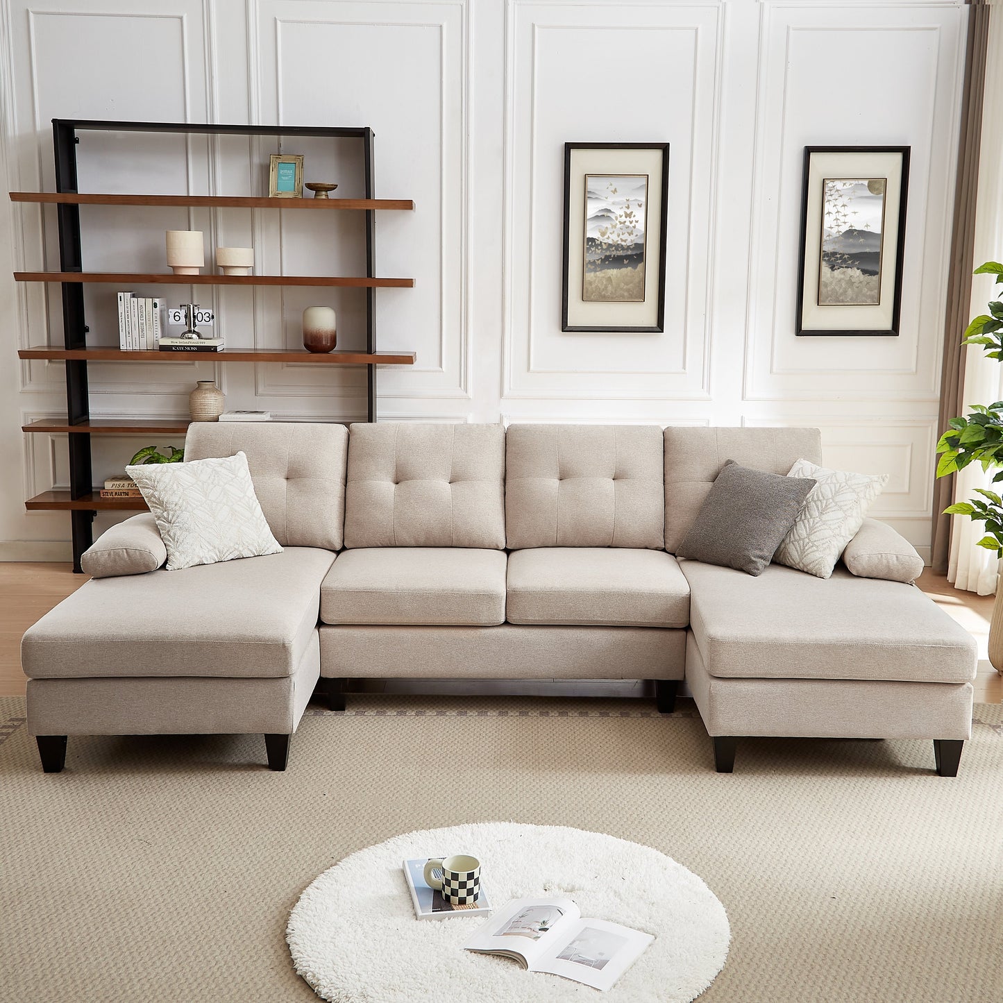 4 Seat U Shaped Sectional Sofa Couch with Double Chaise for Living Room