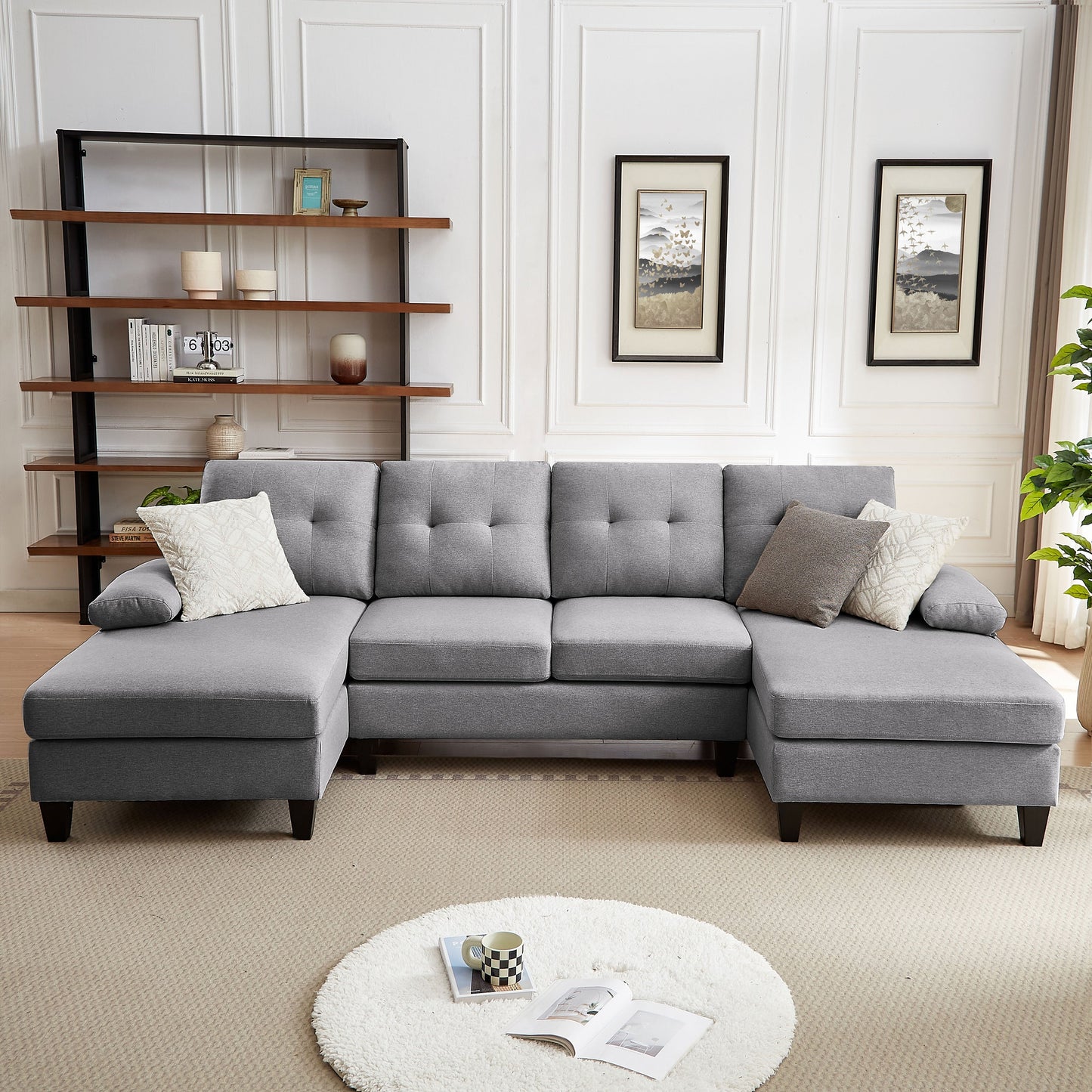 4 Seat U Shaped Sectional Sofa Couch with Double Chaise for Living Room