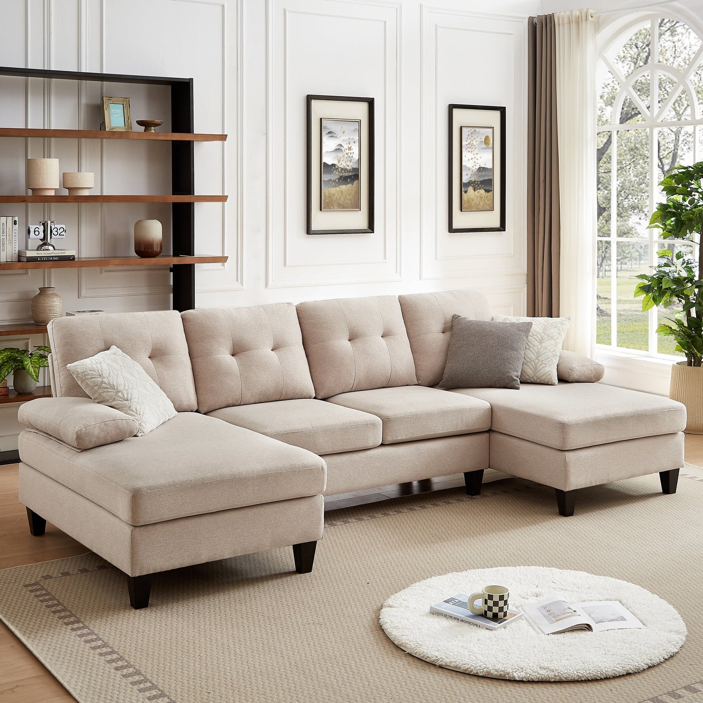 4 Seat U Shaped Sectional Sofa Couch with Double Chaise for Living Room