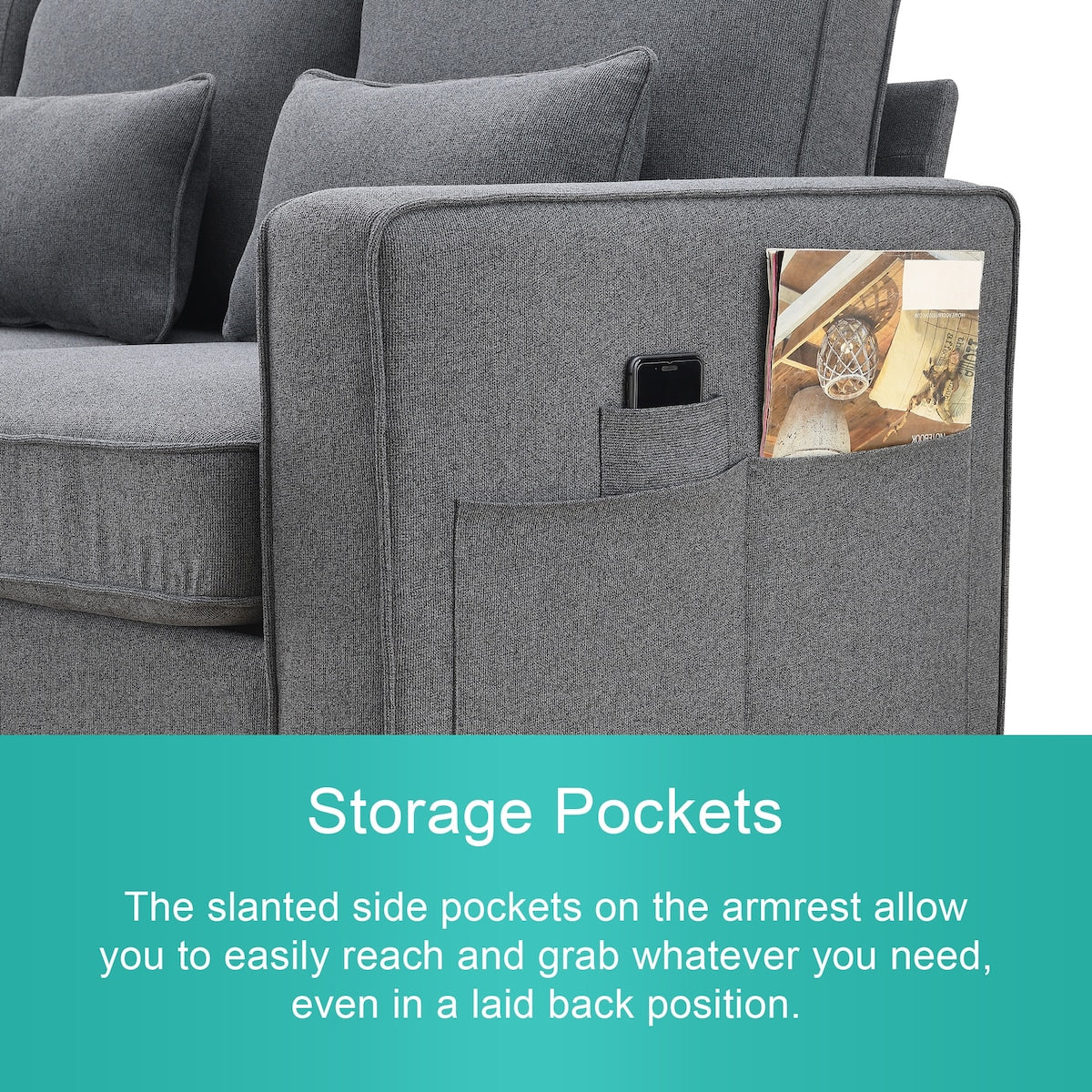 4-Seater Modern Linen Fabric Sofa with Armrest Pockets and 4 Pillows