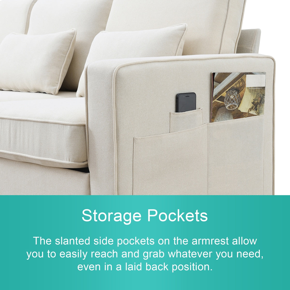 4-Seater Modern Linen Fabric Sofa with Armrest Pockets and 4 Pillows