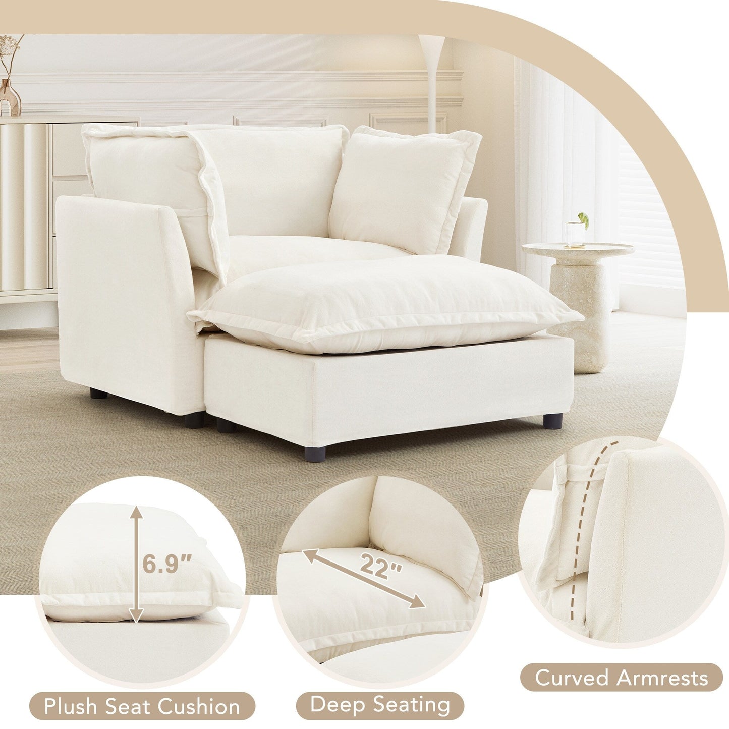 47 Modern Armchair Sofa with Ottoman - Upholstered Lounge Chair, Wide Seat, Curved Armrests & Soft Pillows for Living Room