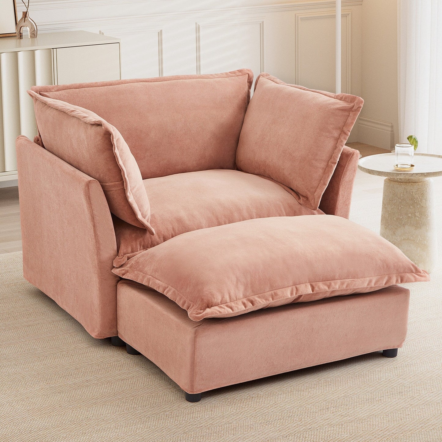 47 Modern Armchair Sofa with Ottoman - Upholstered Lounge Chair, Wide Seat, Curved Armrests & Soft Pillows for Living Room
