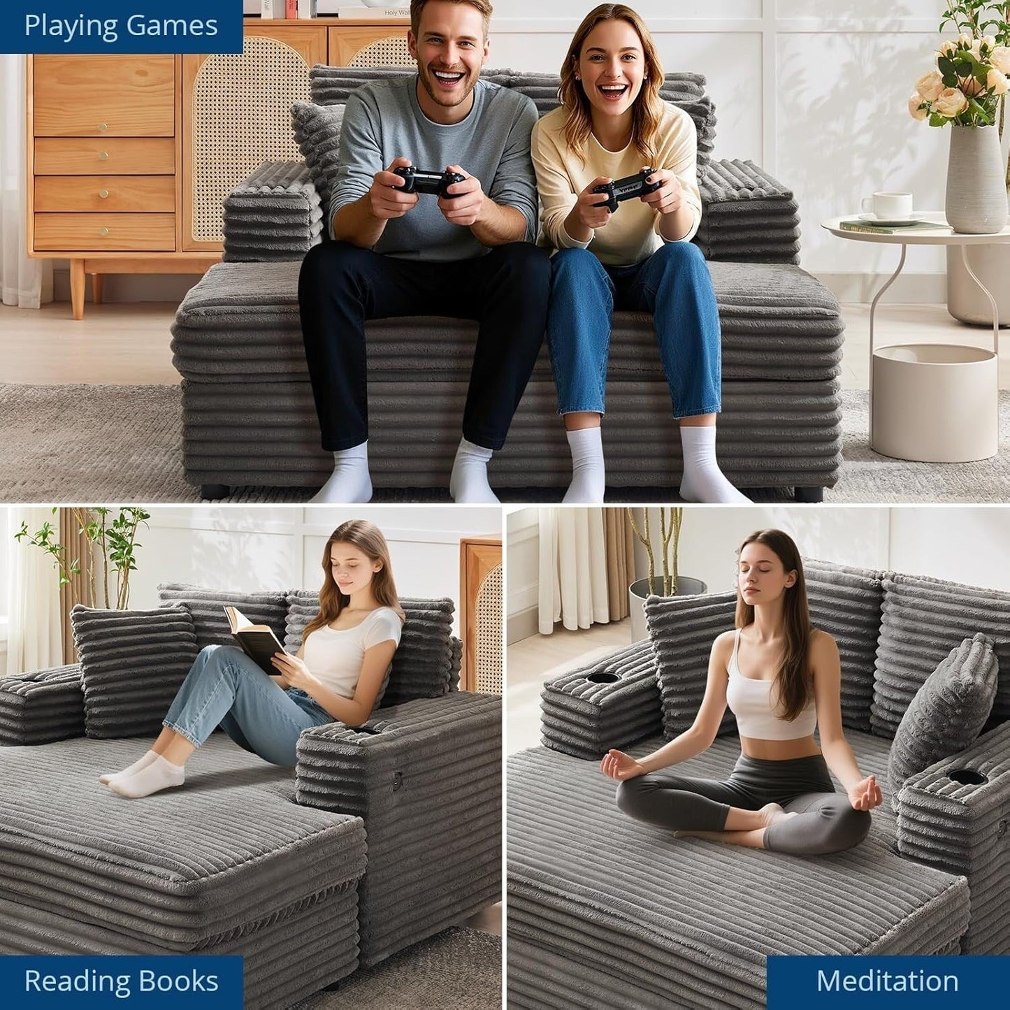 54'' Upholstered Sofa Bed with Pillows and Arms Indoor Oversized Coffee Chair Comfortable Corduroy Sleeper Sofa
