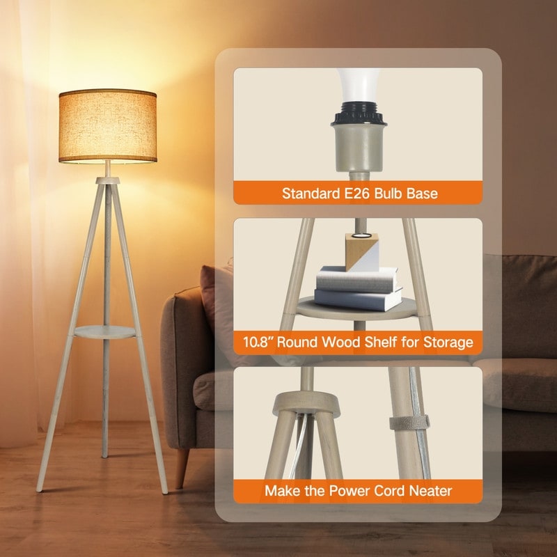63 in. Walnut Tripod Floor Lamp with Solid Wood Legs and Tray