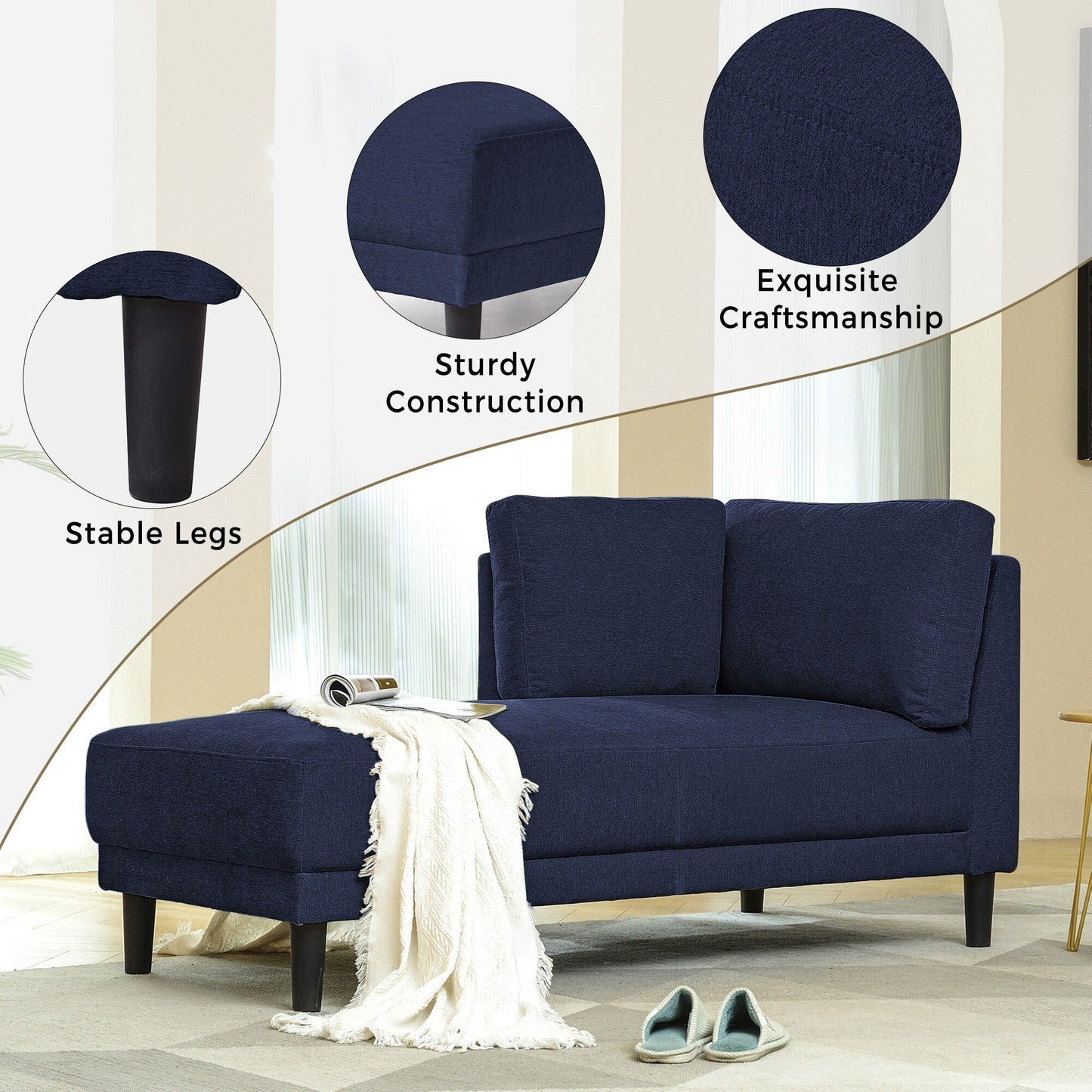 65 Modern Linen Corner Chaise Lounge with Removable Cushions, Sleeper Sofa Bed, Leisure Sofa, Upholstered Chaise Lounge