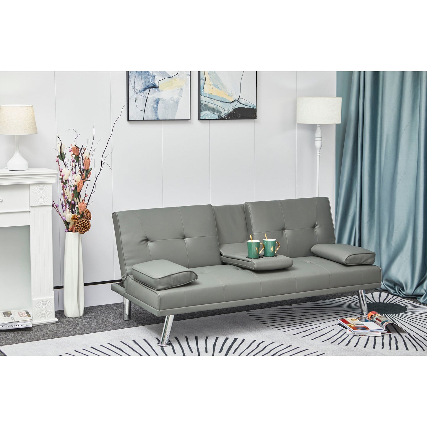 White Leather Multifunctional Pull-out Sofa Bed with Coffee Table - 31.00 x 67.00 x 33.00