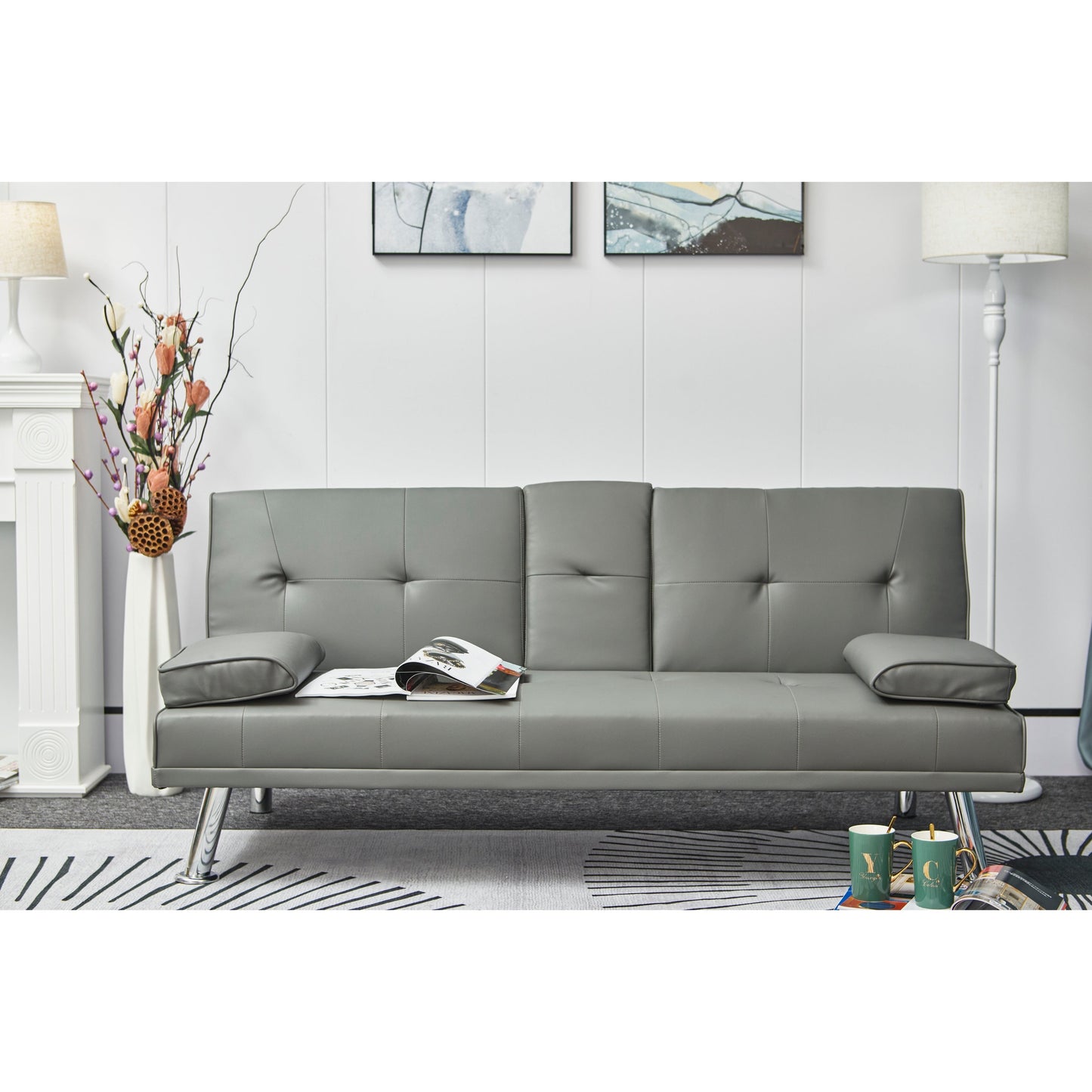 White Leather Multifunctional Pull-out Sofa Bed with Coffee Table - 31.00 x 67.00 x 33.00