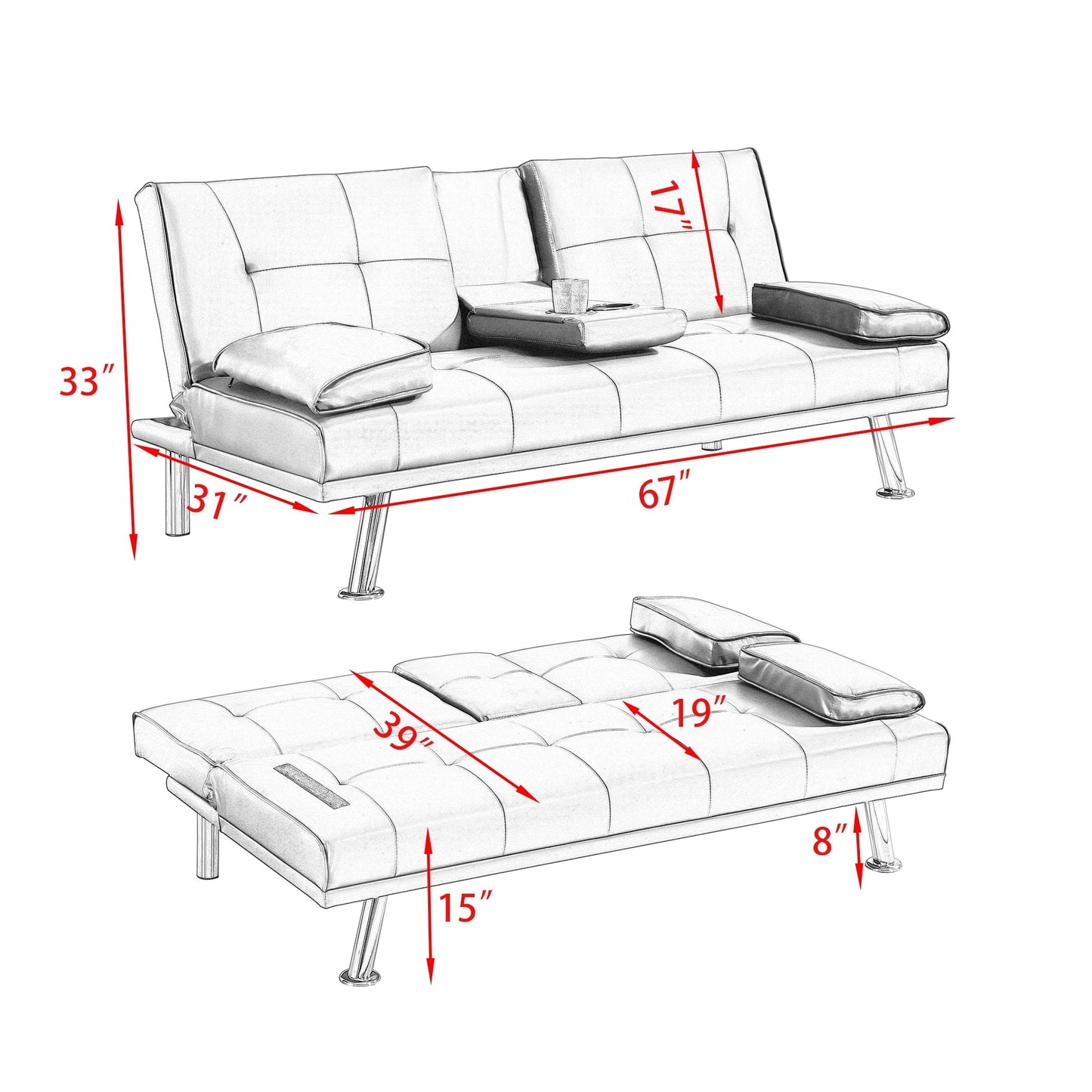 67 PU Multifunctional Double Folding Sofa Bed with Coffee Table