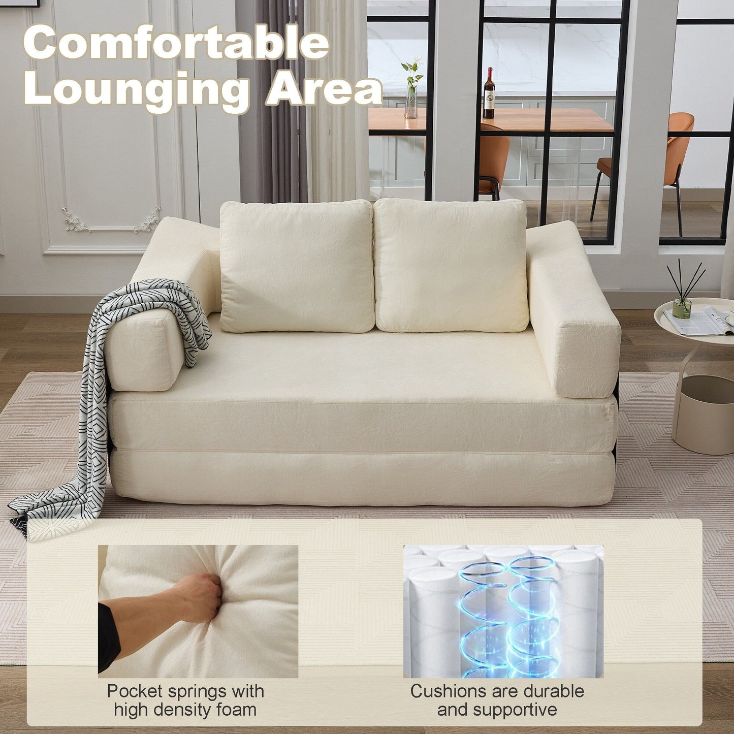 70.87 Upholstered Convertible Sleeper Sofa, Convertible Chair Floor Couch Comfy Sofa for Living Room, Bedroom, Chenille Fabric