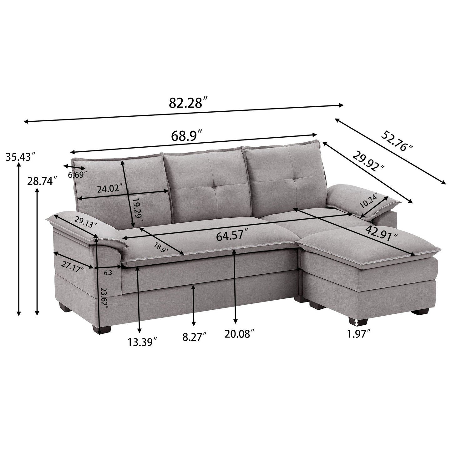 82.28 Inches L Shape Sectional Sofa with Cloud Seats for Living Room