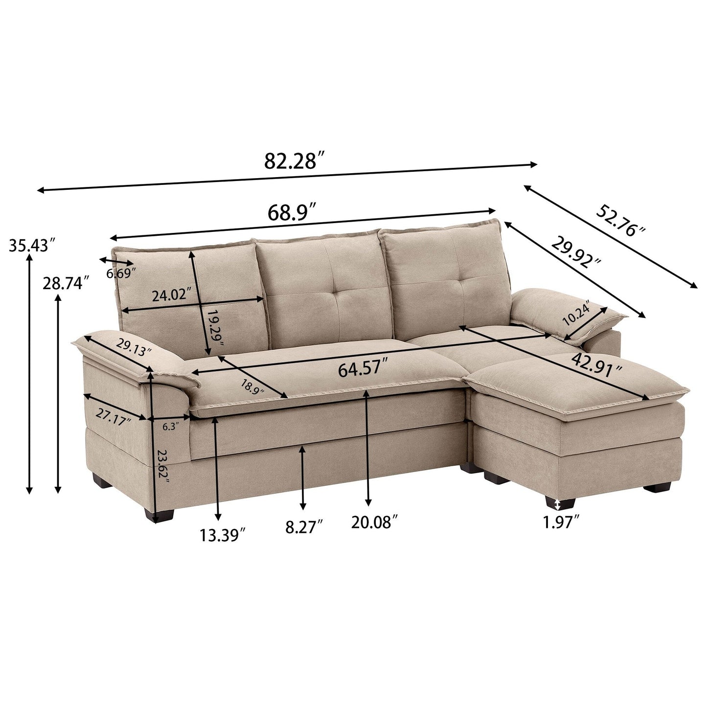 82.28 Inches L Shape Sectional Sofa with Cloud Seats for Living Room