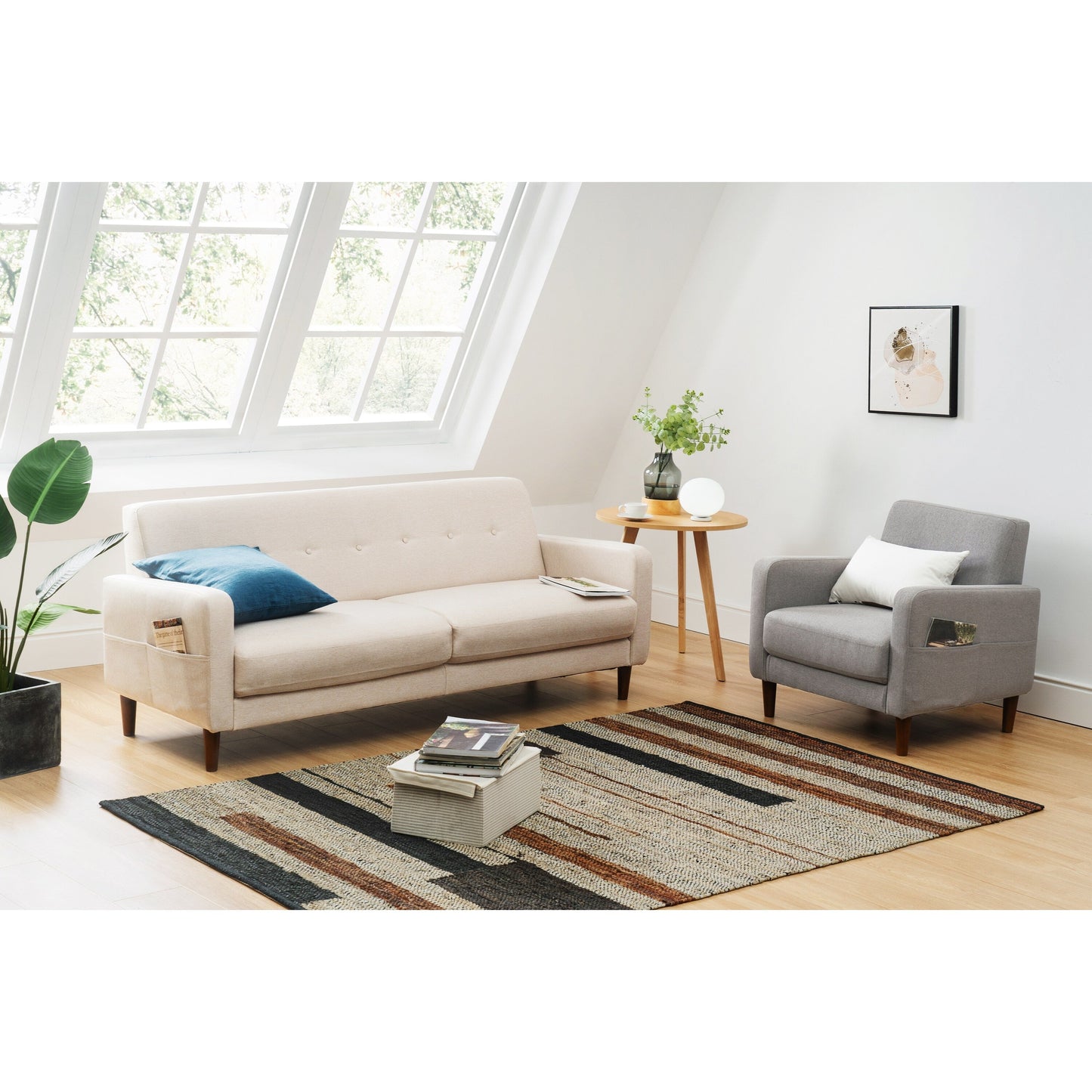 ADAIR Modern Tufted Linen Sofa with Armrest Pockets by Crown Comfort