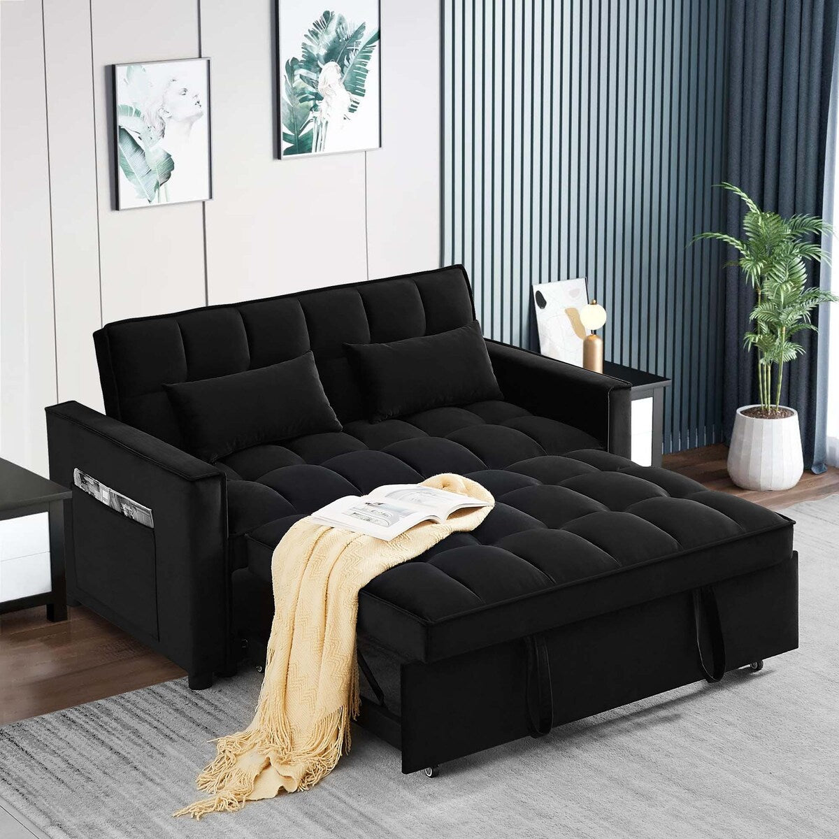Aukfa Velvet Convertible Sleeper Sofa Loveseat with Side Pocket