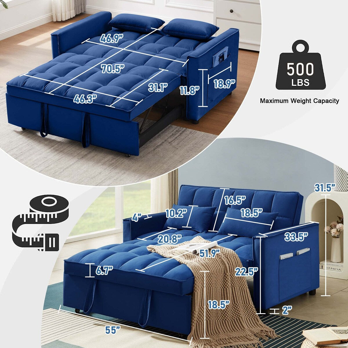 Aukfa Velvet Convertible Sleeper Sofa Loveseat with Side Pocket
