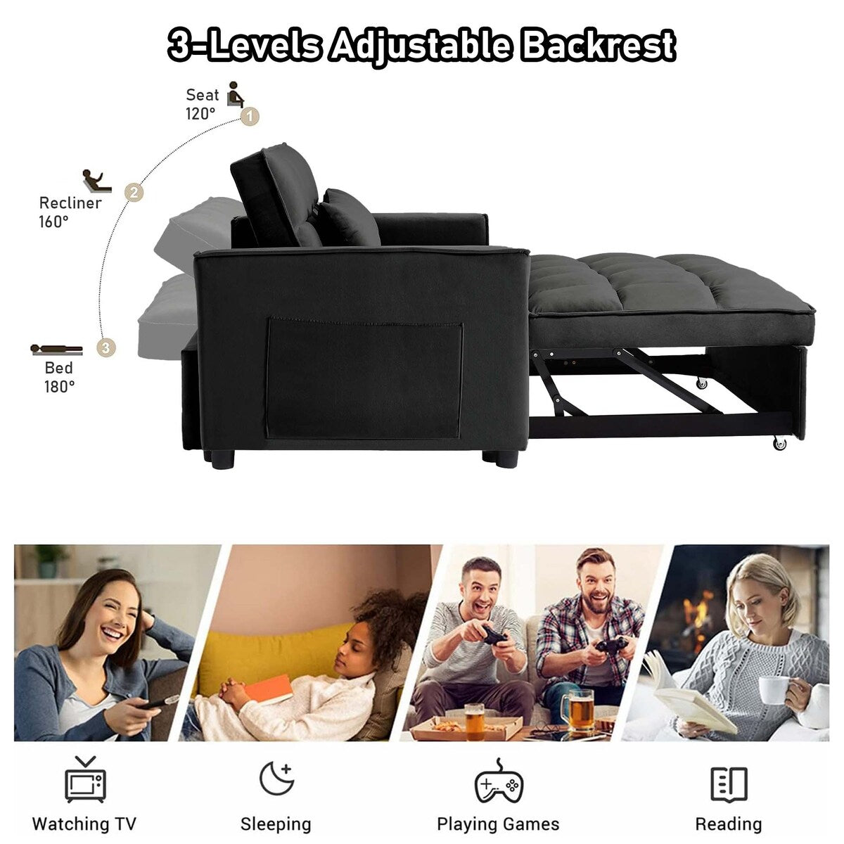 Aukfa Velvet Convertible Sleeper Sofa Loveseat with Side Pocket