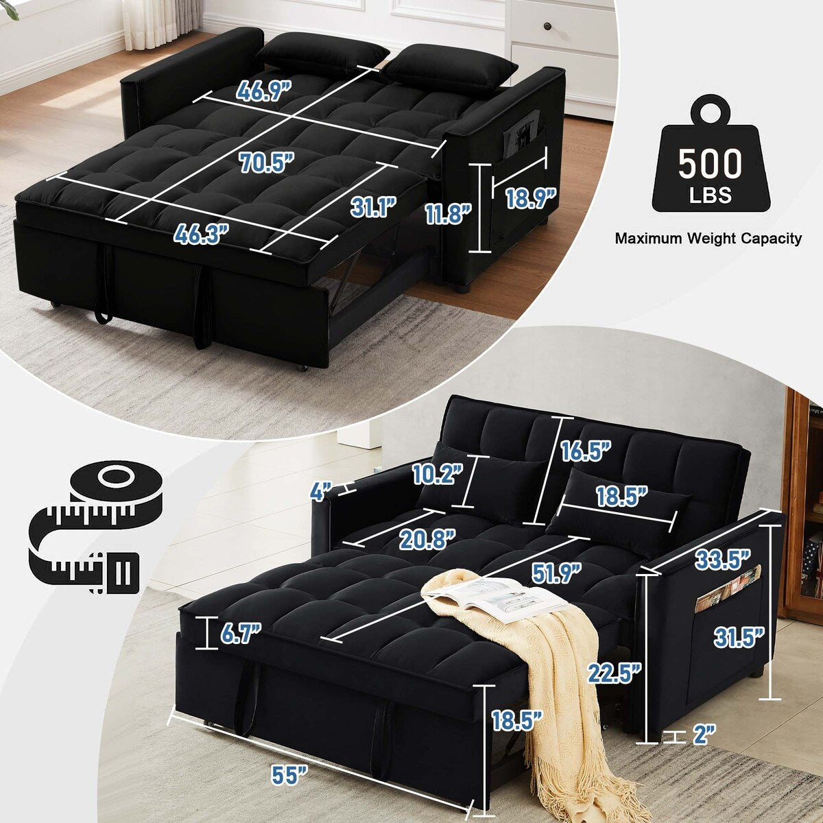 Aukfa Velvet Convertible Sleeper Sofa Loveseat with Side Pocket