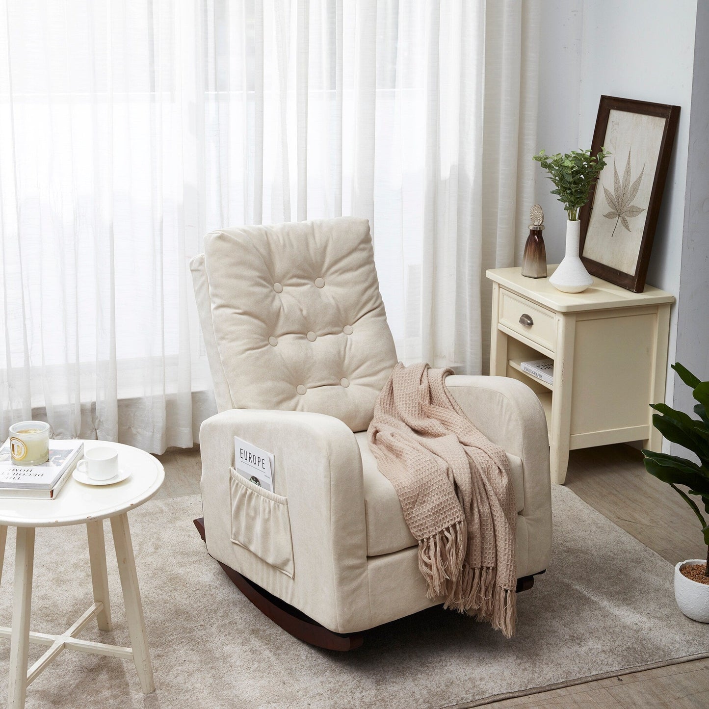 Adjustable Reclining Sofa Chair for Balcony and Tatami, High Back Design with Solid Wood Legs, Side Pockets