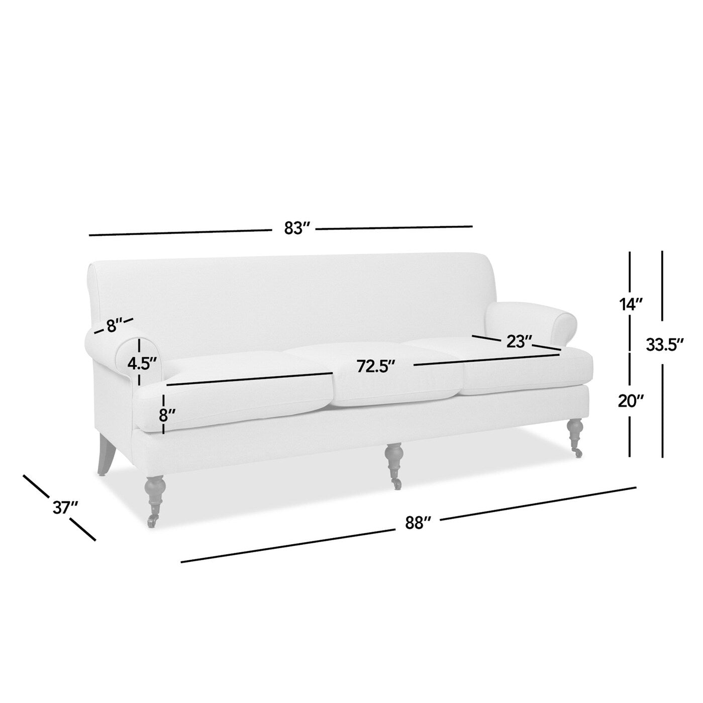 Alana Lawson 88 Inch Living Room Sofa â?Three Cushion Couch with Rolled Arms and Tight Back â?Minimal Assembly Required