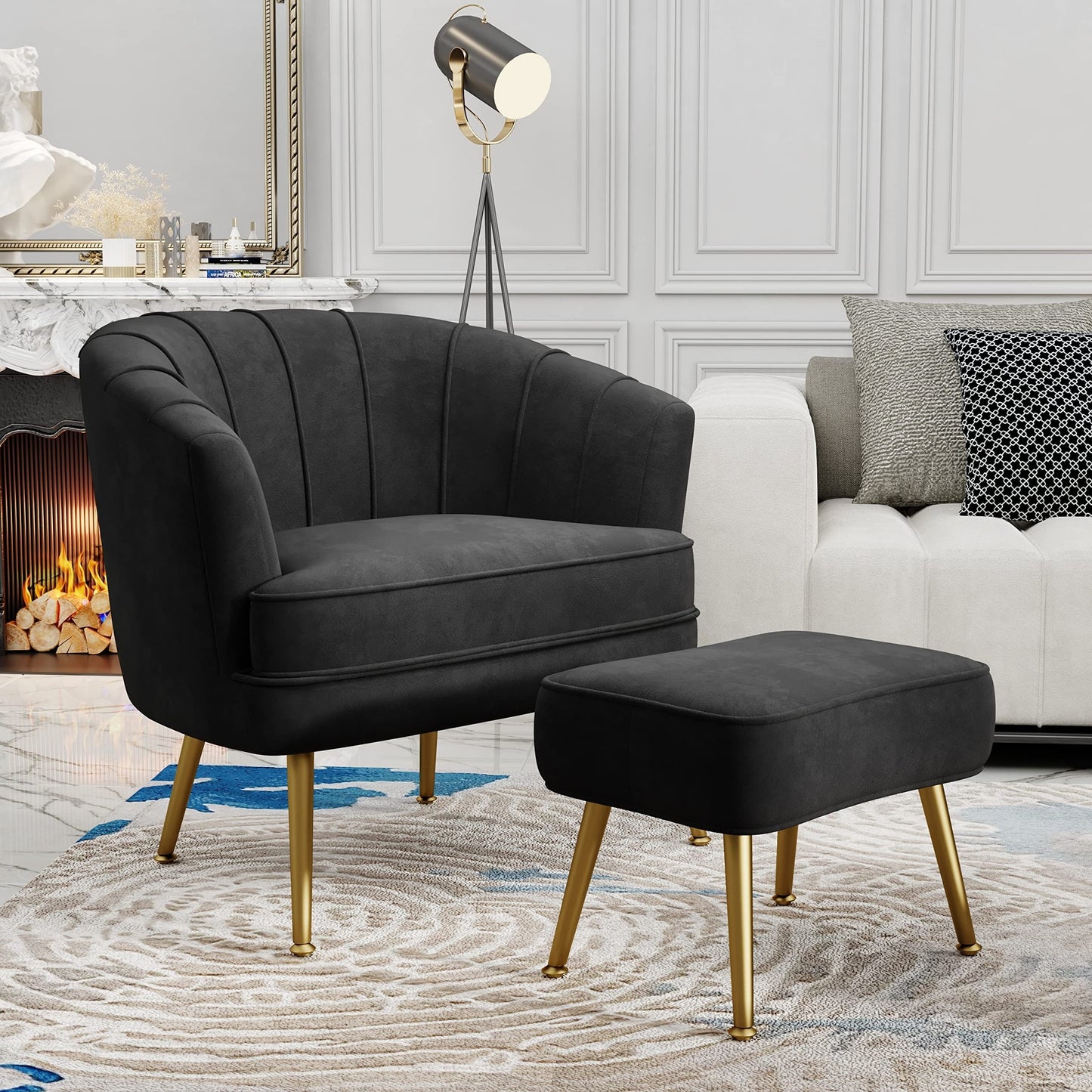 Andeworld Accent Chair with Ottoman, Upholstered Modern Single Sofa Side Chair,Comfy Barrel Club Living Room Armchair
