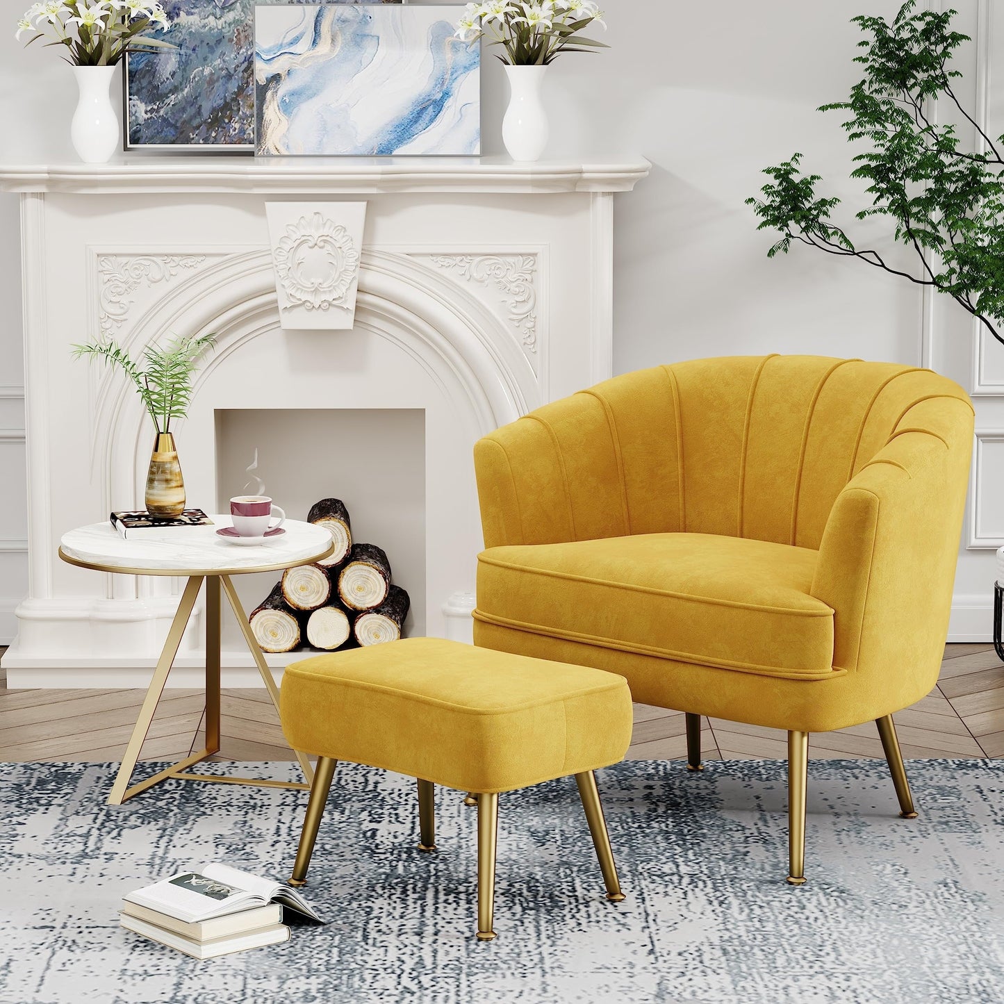 Andeworld Accent Chair with Ottoman, Upholstered Modern Single Sofa Side Chair,Comfy Barrel Club Living Room Armchair