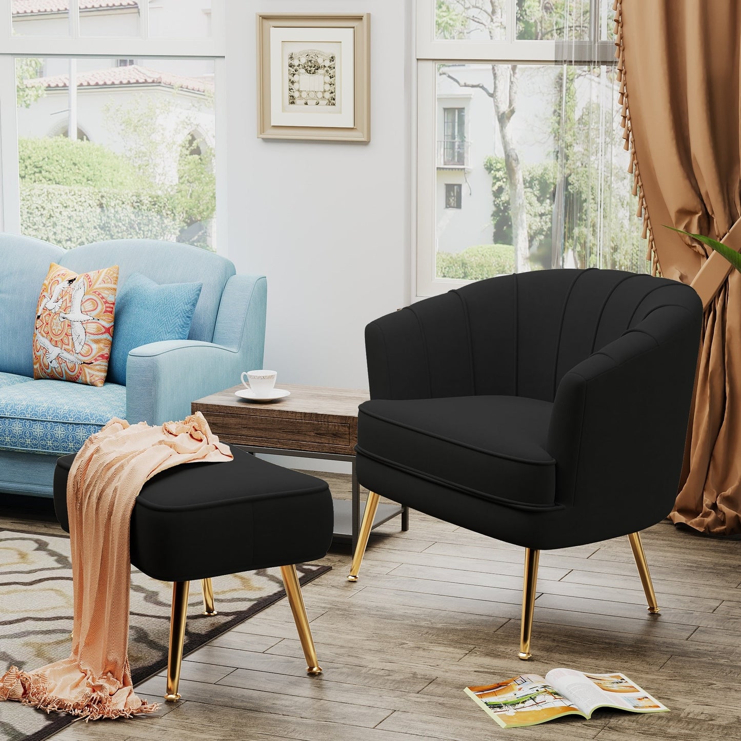 Andeworld Accent Chair with Ottoman, Upholstered Modern Single Sofa Side Chair,Comfy Barrel Club Living Room Armchair