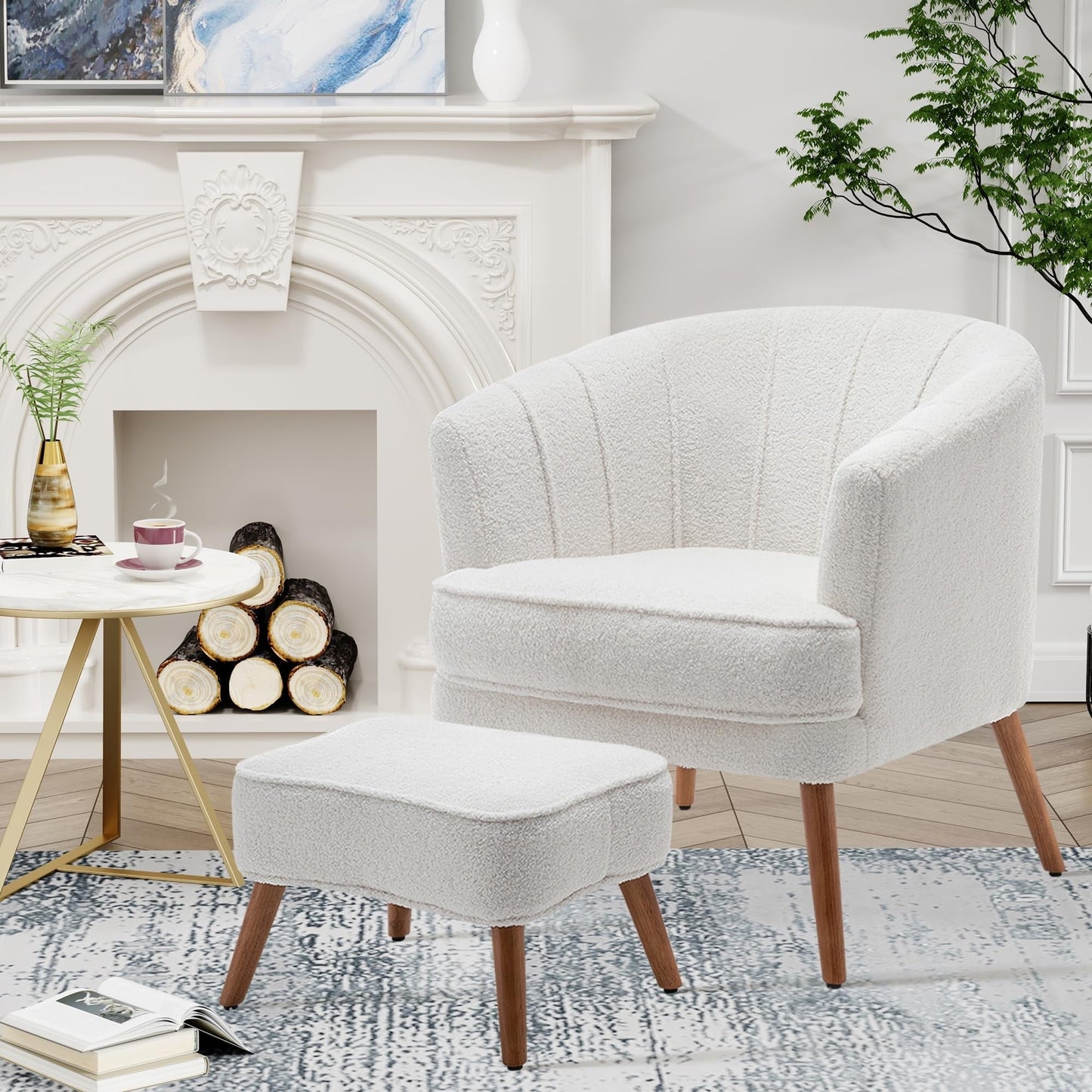Andeworld Accent Chair with Ottoman, Upholstered Modern Single Sofa Side Chair,Comfy Barrel Club Living Room Armchair