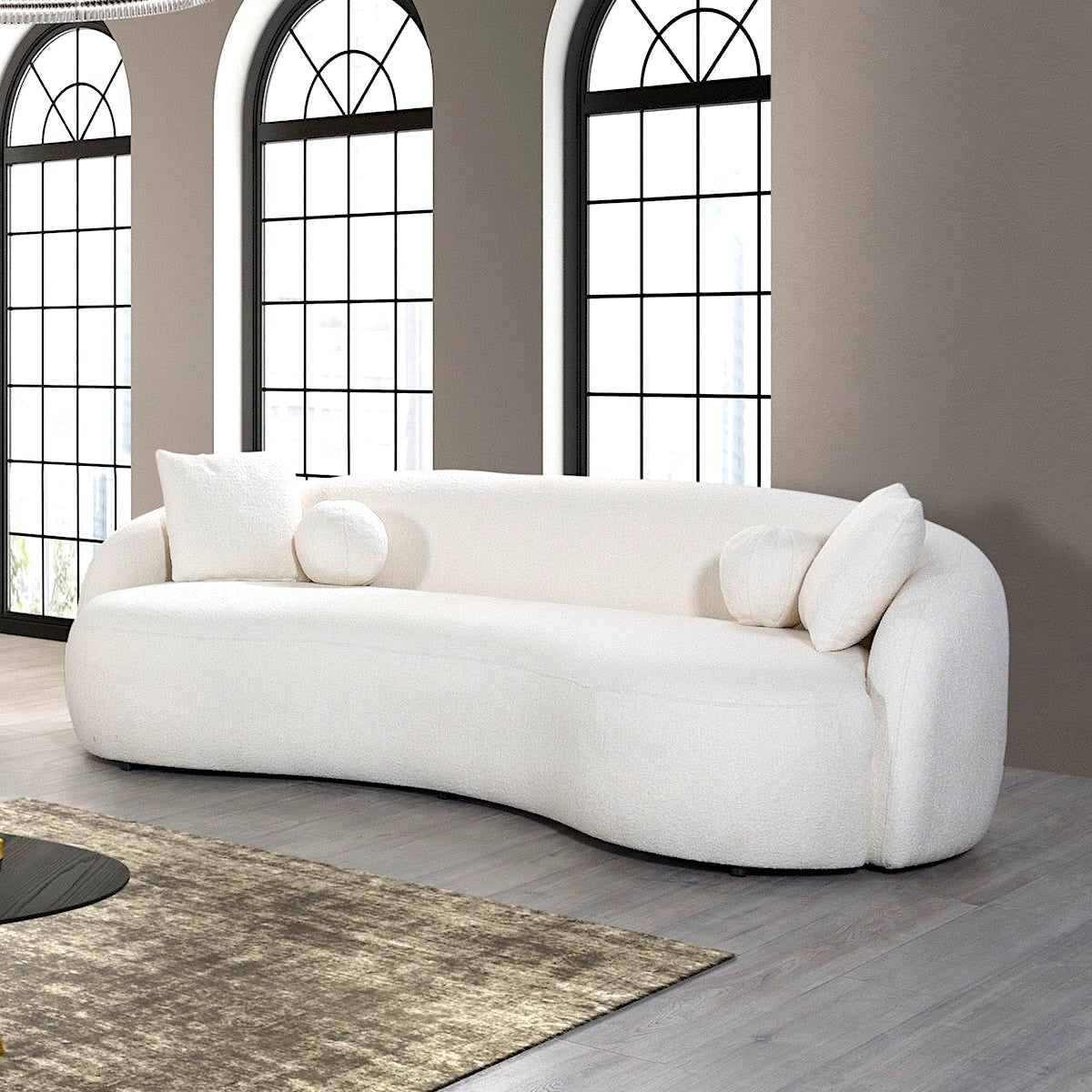 Baker Mid-Century French Boucle Fabric Upholstered Sofa in Cream