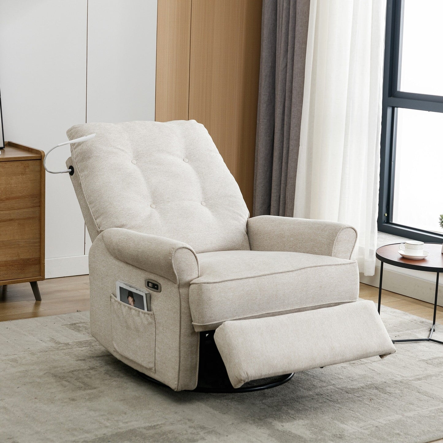 Beige 270° Swivel Recliner Chair with USB Ports, Touch Lamp, Side Pocket Storage, and Rockable Base