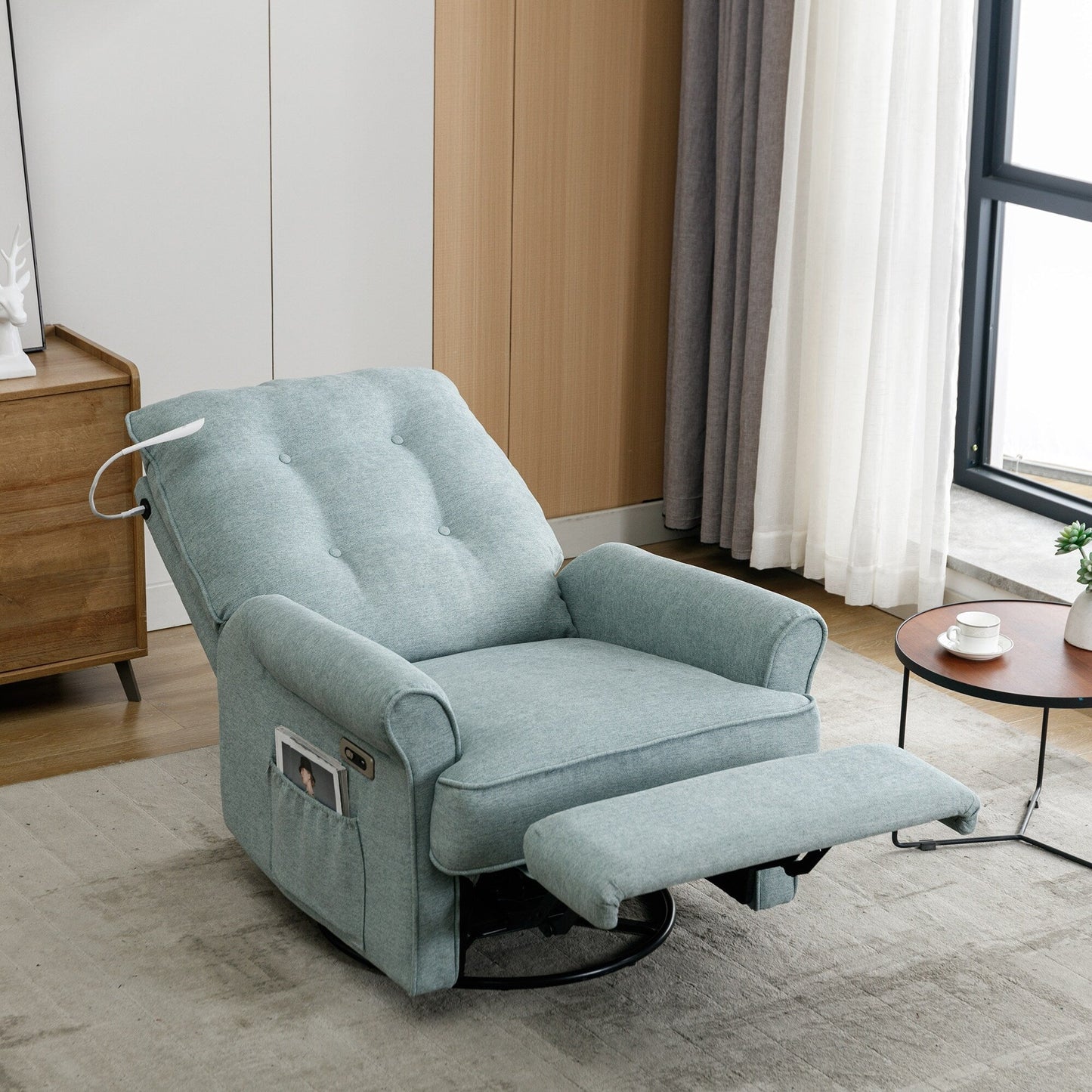 Beige 270° Swivel Recliner with USB Charging Ports, Touch Lamp, Rocking Base, and Side Storage Pocket