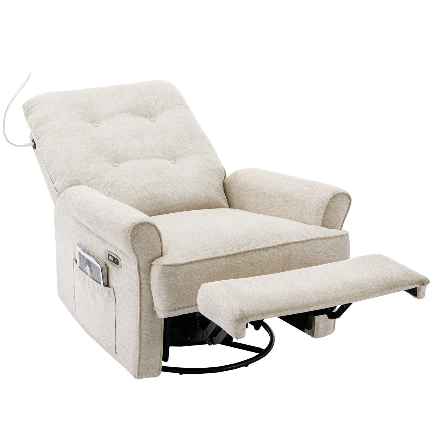 Beige 270° Swivel Recliner with USB Ports, Touch Lamp, Side Pocket Storage, and Rocking Base