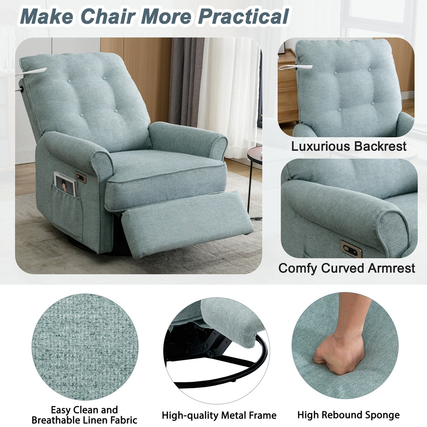 Beige 270° Swivel Recliner with USB Ports, Touch Lamp, Side Pocket Storage, and Rocking Base