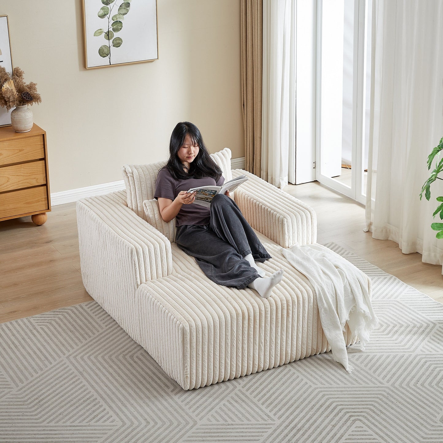 Beige Corduroy Sofa Lounge Chair with 2 Pillows