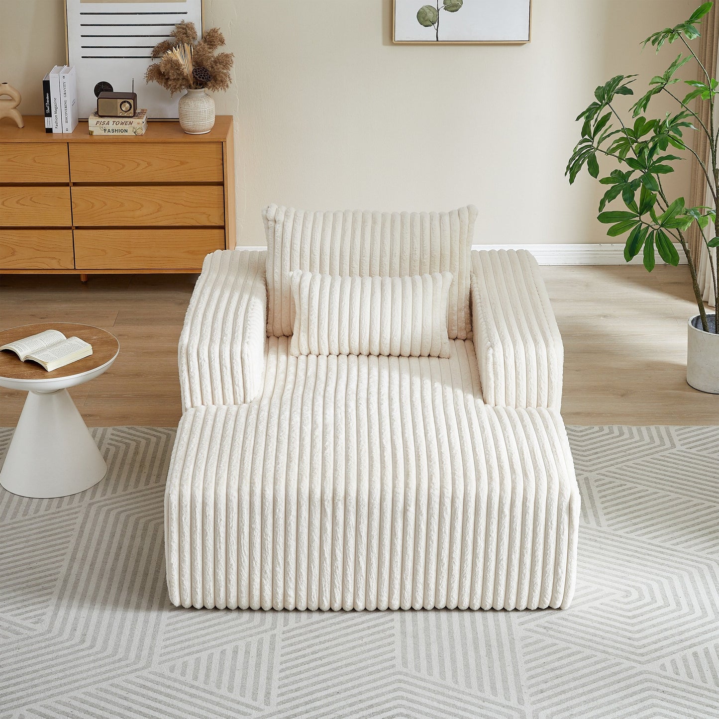 Beige Corduroy Sofa Lounge Chair with 2 Pillows