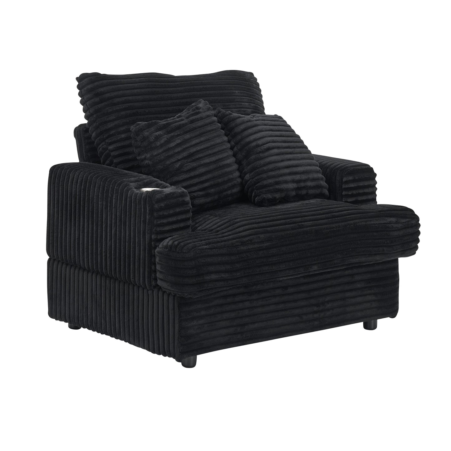 Black Corduroy Armchair Sofa with Ottoman and Cup Holder