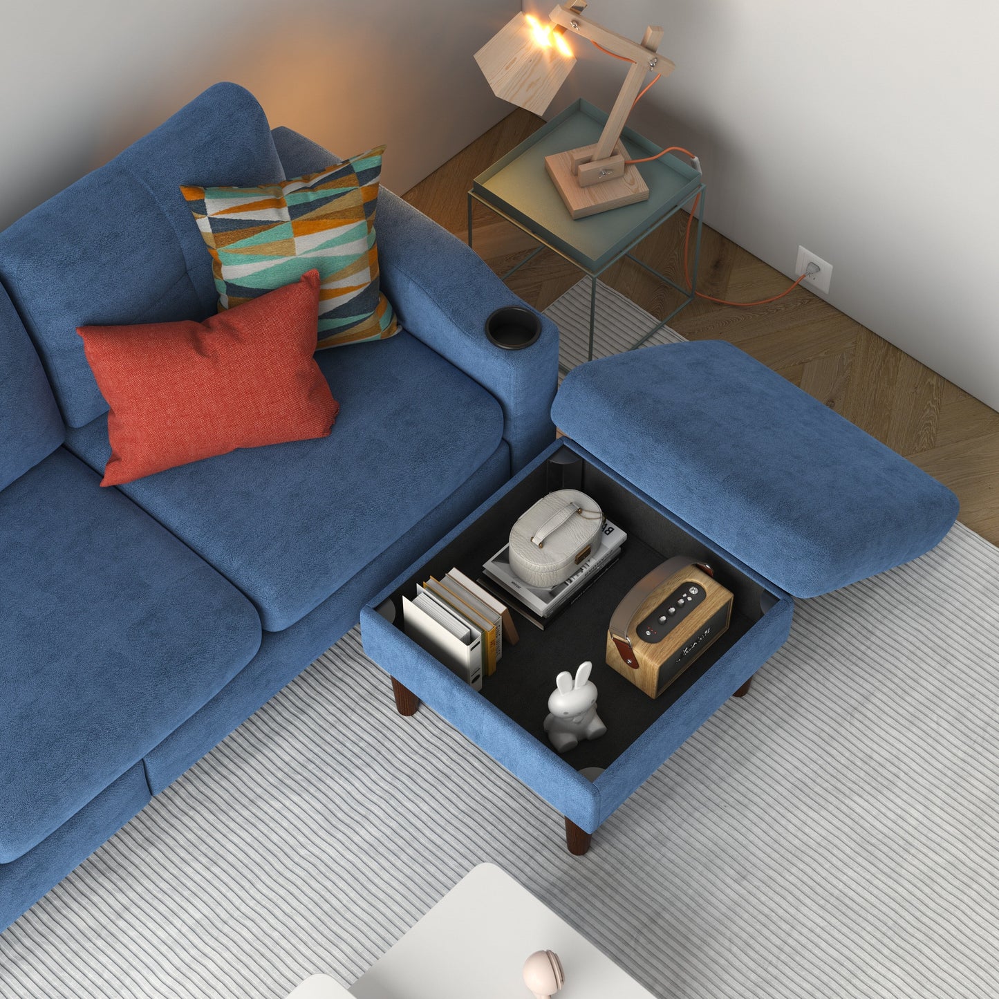 Blue 78'' L-Shaped Fabric 3-Seater Convertible Sofa with Storage Cabinet, USB Ports, and Cup Holder