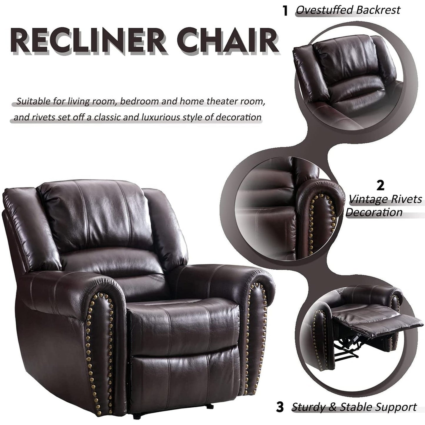 Classic and Traditional Manual Recliner Chair with Comfortable Arms and Back