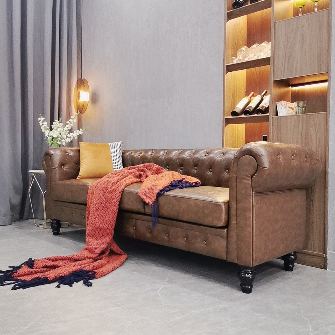 Button Tufted 3-seat Sofa Chesterfield Loveseat Leather Sofa for Living Room, Rolled Arms Couch with 4 Gourd Shaped Legs, Brown