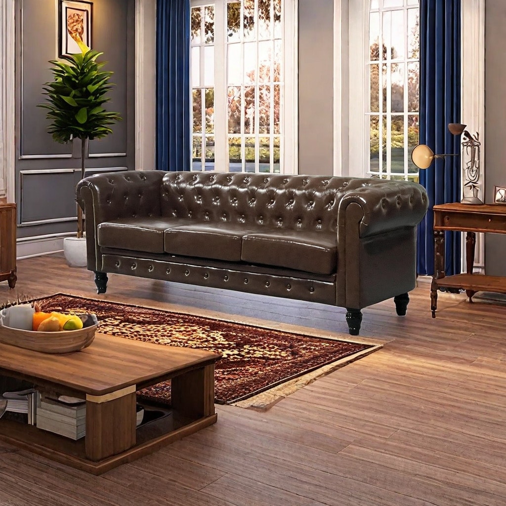 Button Tufted 3-seat Sofa Chesterfield Loveseat Leather Sofa for Living Room, Rolled Arms Couch with 4 Gourd Shaped Legs, Brown