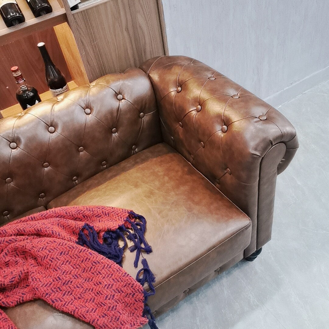 Button Tufted 3-seat Sofa Chesterfield Loveseat Leather Sofa for Living Room, Rolled Arms Couch with 4 Gourd Shaped Legs, Brown