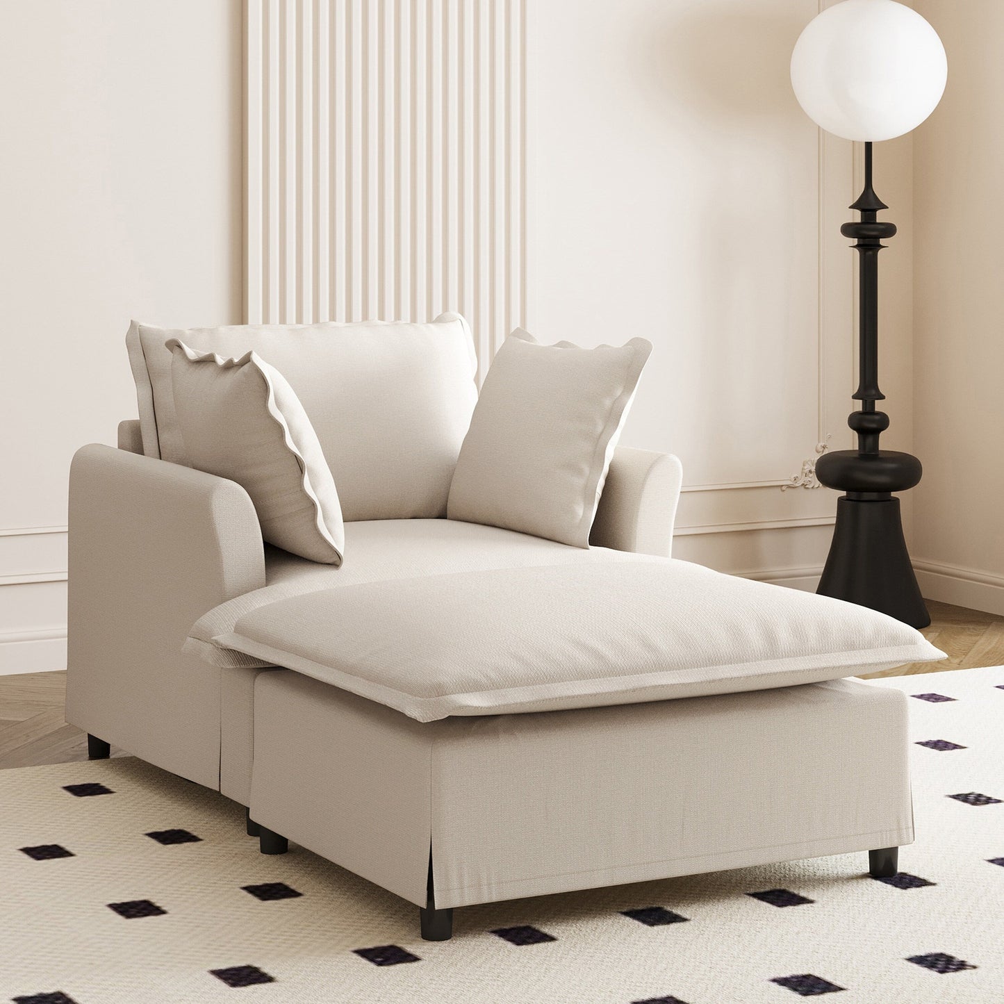 Chaise Lounge,Chenille Single Sofa Bed With Wide Seat,Upholstered Lazy Sleeper Armchair With Movable Ottoman,Reading Couch Set
