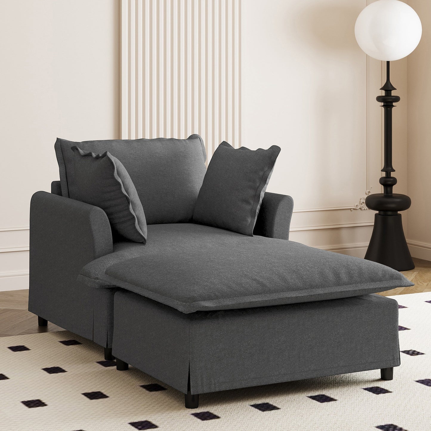 Chaise Lounge,Chenille Single Sofa Bed With Wide Seat,Upholstered Lazy Sleeper Armchair With Movable Ottoman,Reading Couch Set